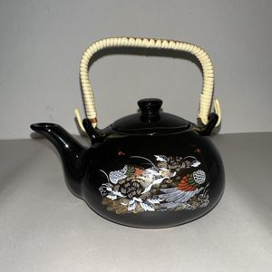 Vintage Japanese Teapot Black with Wicker Handle Gold Floral Peacock Red Accent